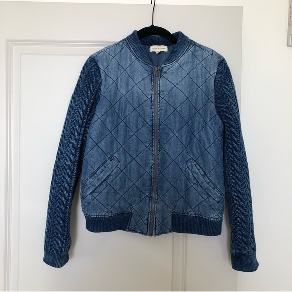 Blue bomber jacket with knitted sleeves - Picture 3 of 11